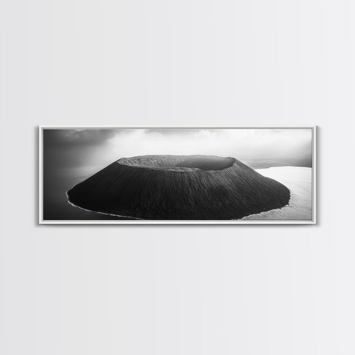 Island Volcano, Crater View, Aerial Landscape, Coastal Photography, Canvas Print, Nature Wall Decor, Bedroom Art, Monochrome Landscape