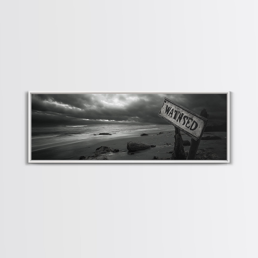 Stormy Beach, Weathered Sign, Moody Ocean, Black and White Photography, Framed Canvas Print, Coastal Gothic Wall Art, Autumn Decor