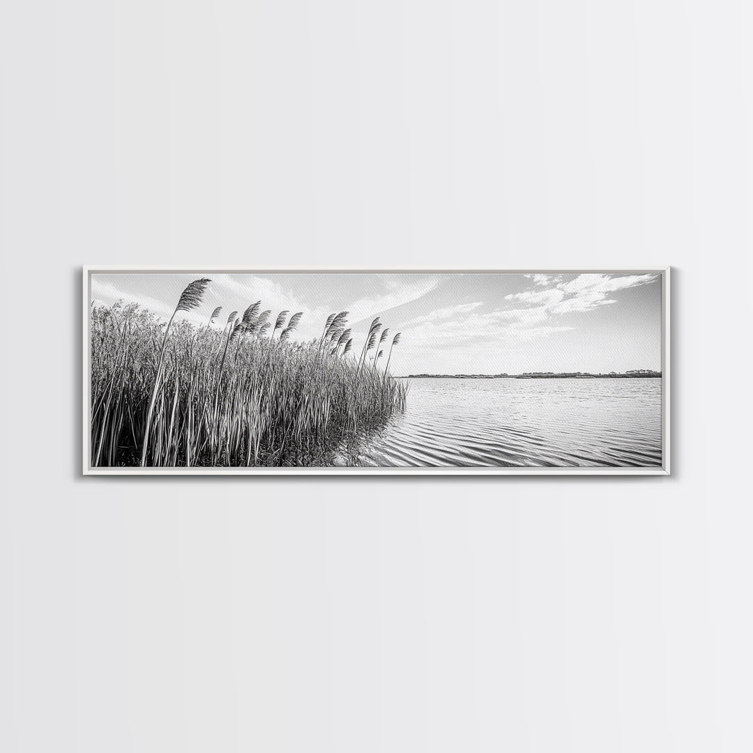 Windy Reeds, Lakeside Breeze, Natural Grass Art, Monochrome Landscape, Canvas Print, Boho Living Room Decor, Botanical Minimalist Wall Art