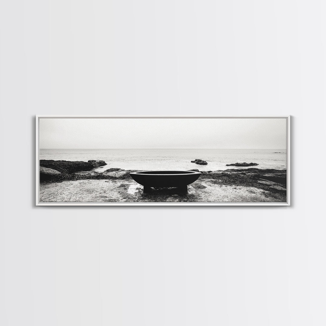 Coastal Boat, Ocean Horizon, Solitude Scene, Black and White Seascape, Canvas Print, Modern Bathroom Wall Art, Minimalist Decor