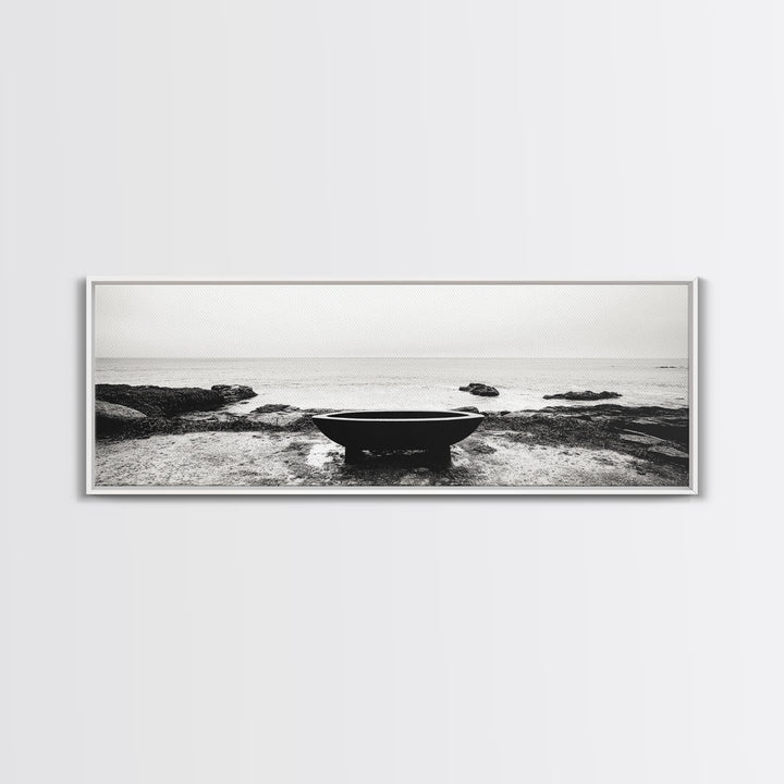Coastal Boat, Ocean Horizon, Solitude Scene, Black and White Seascape, Canvas Print, Modern Bathroom Wall Art, Minimalist Decor