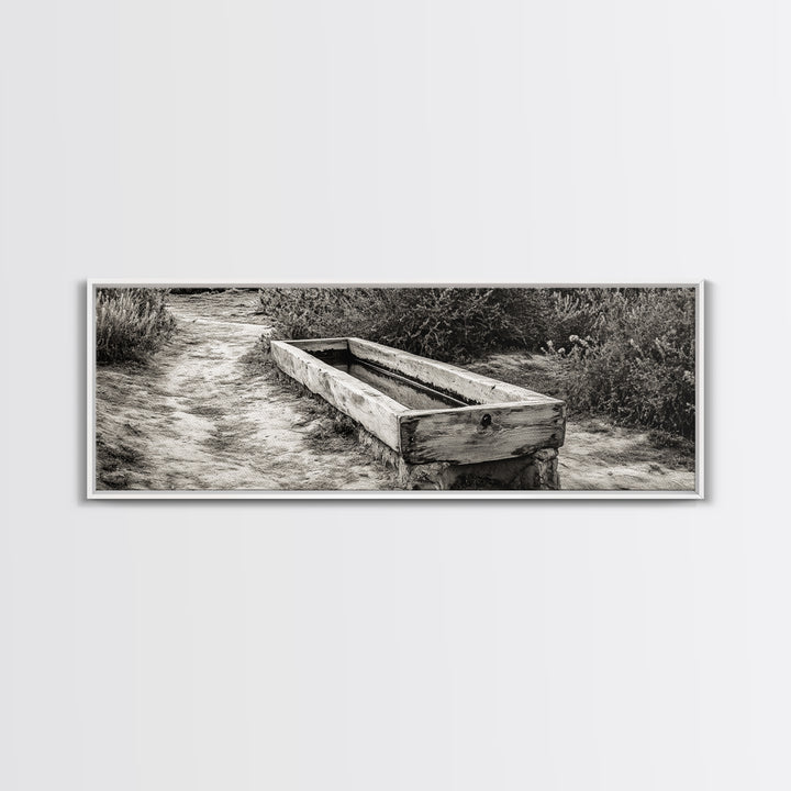 Rustic Water Trough, Nature Trail, Western Desert Scene, Framed Canvas Print, Country Farmhouse Decor, Minimalist Entryway Wall Art