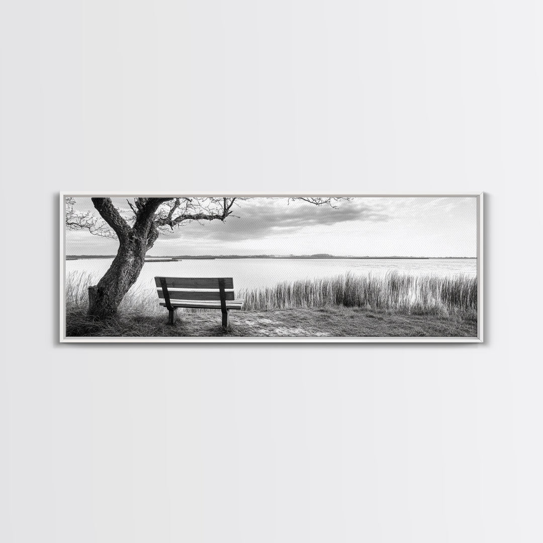 Quiet Lake Bench, Peaceful Reflection, Nature Photography, Framed Canvas Print, Serene Bedroom Decor, Minimalist Living Room Wall Art