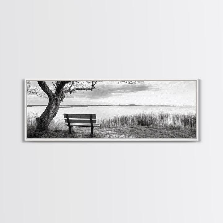 Quiet Lake Bench, Peaceful Reflection, Nature Photography, Framed Canvas Print, Serene Bedroom Decor, Minimalist Living Room Wall Art