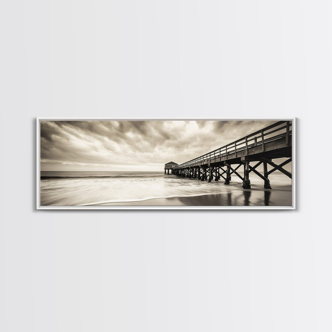 Pier at Dusk, Ocean Boardwalk, Stormy Beach Horizon, Framed Canvas Print, Moody Coastal Wall Art, Nautical Living Room Decor