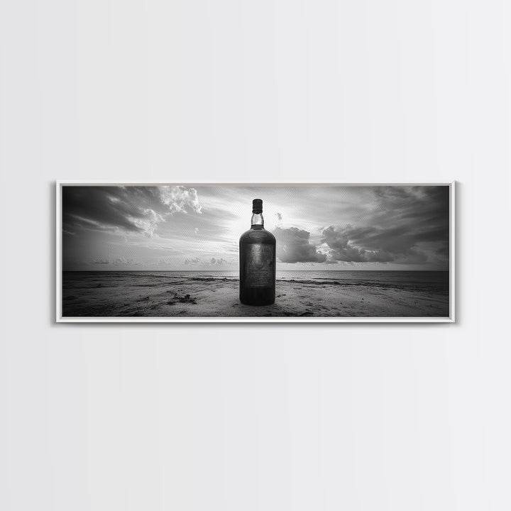 Whiskey on Beach, Bottle Seascape, Moody Coastal Still Life, Canvas Print, Masculine Bar Wall Art, Rustic Living Room Accent Piece