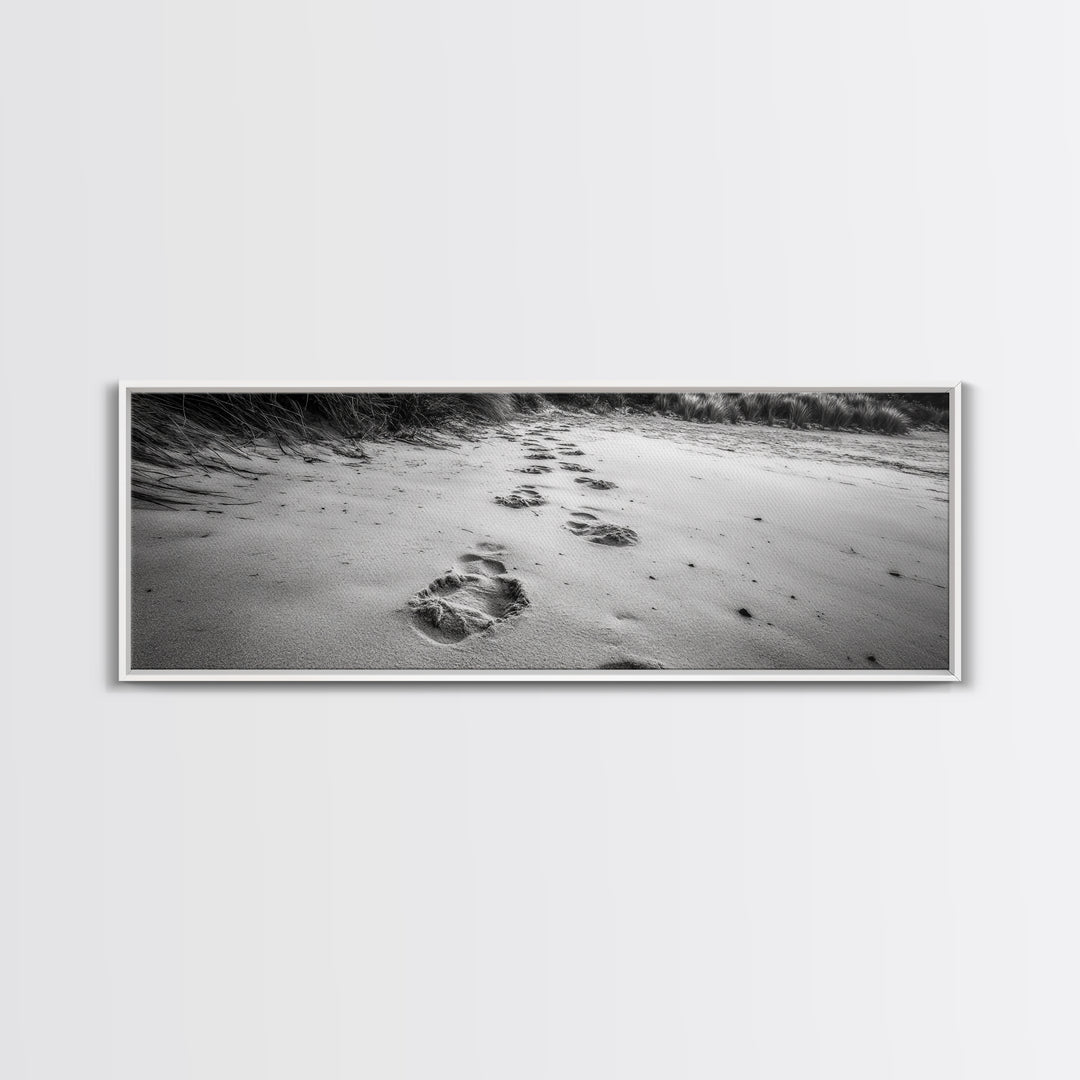 Beach Footprints, Sandy Path, Seaside Steps, Reflective Moment, Canvas Print, Minimalist Bathroom Wall Art, Tranquil Coastal Decor