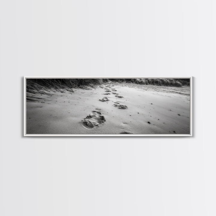 Beach Footprints, Sandy Path, Seaside Steps, Reflective Moment, Canvas Print, Minimalist Bathroom Wall Art, Tranquil Coastal Decor