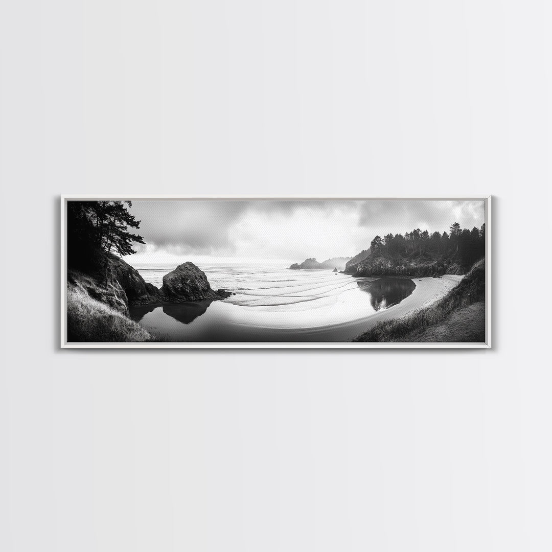 Forest Beach, Pacific Coast, Morning Mist, Tranquil Cove, Framed Canvas Print, Rustic Cabin Wall Art, Nature Landscape Photography