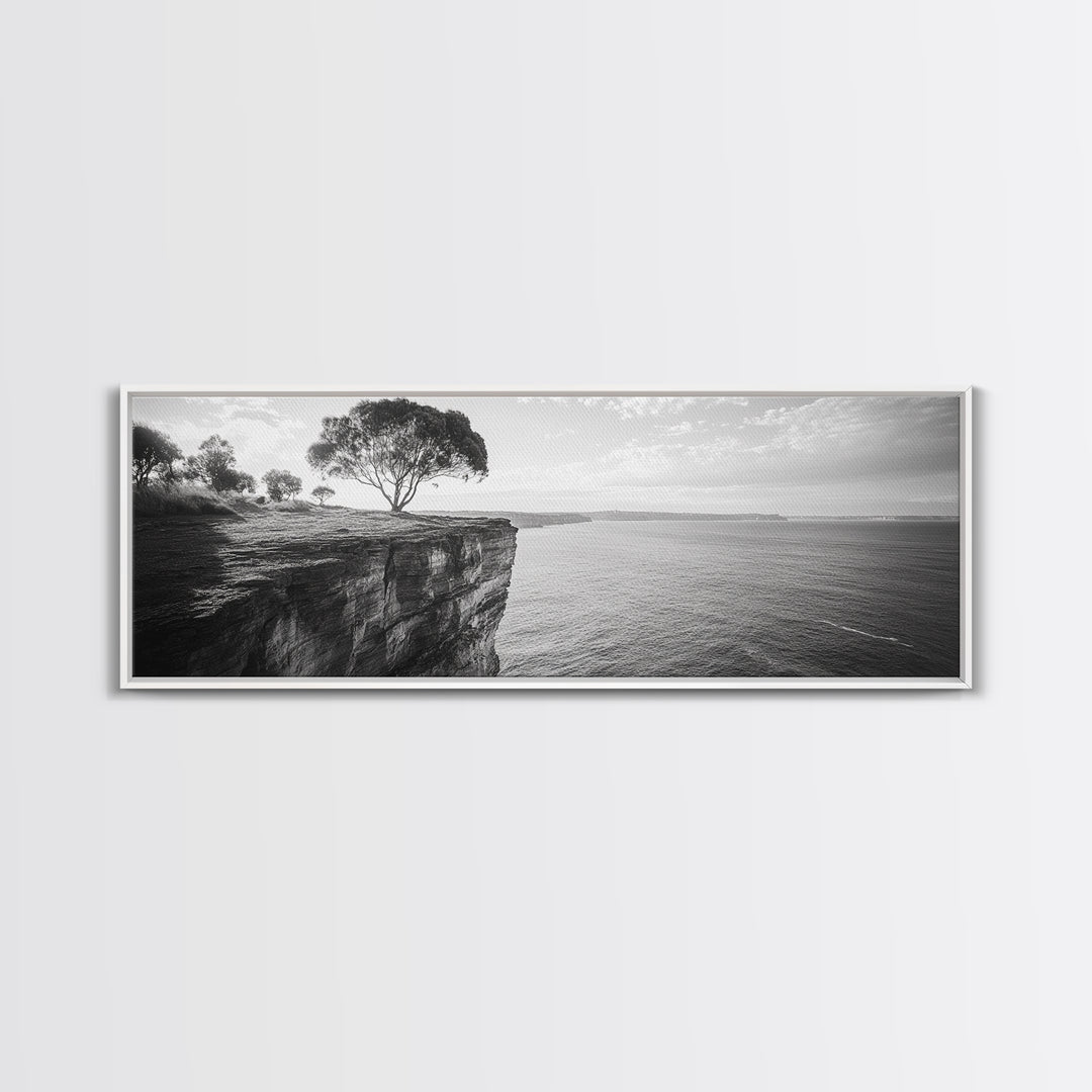 Coastal Cliff Tree, Ocean Horizon, Nature Photography, Framed Canvas Print, Minimalist Wall Art, Living Room Decor, Modern Landscape