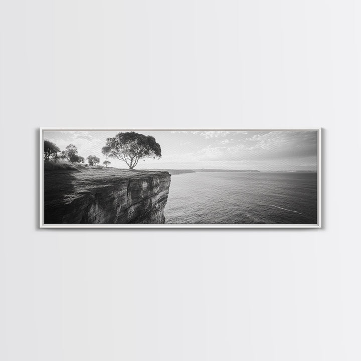 Coastal Cliff Tree, Ocean Horizon, Nature Photography, Framed Canvas Print, Minimalist Wall Art, Living Room Decor, Modern Landscape