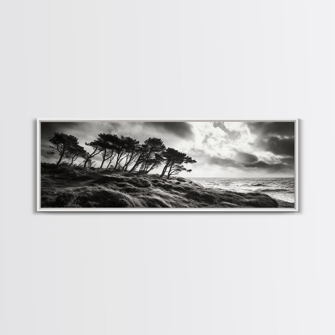 Windswept Pines, Stormy Sea, Moody Coastal Scene, Framed Canvas Print, Rustic Nature Decor, Bedroom Wall Art, Autumn Vibes