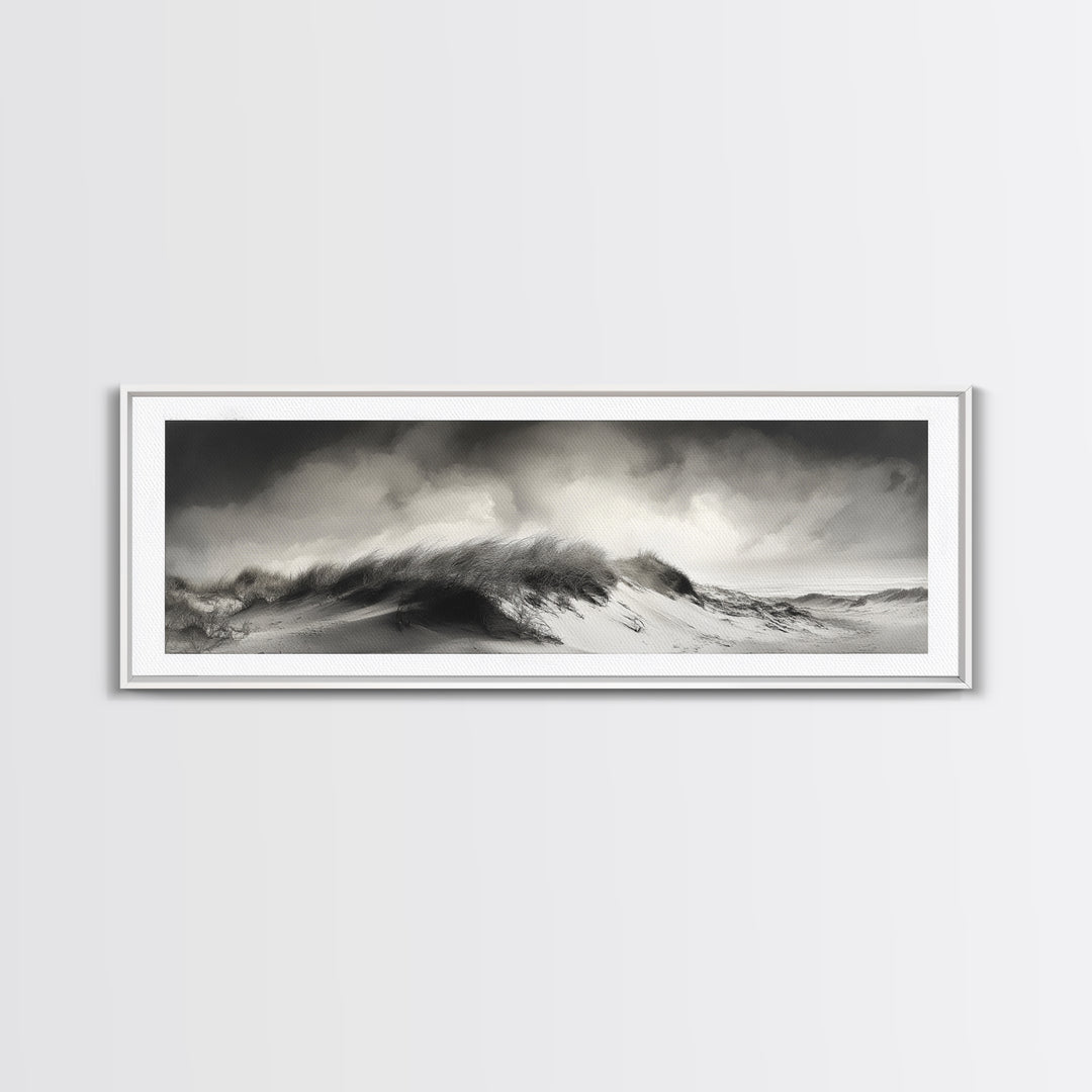 Sand Dune Storm, Coastal Winds, Black and White Nature, Framed Canvas Print, Neutral Wall Art, Hallway Decor, Minimalist Style