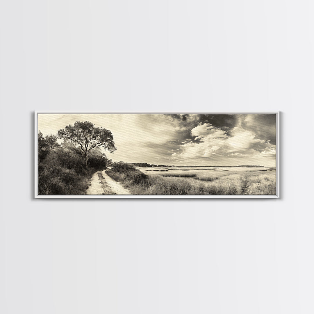 Country Road, Marshland Meadow, Lone Tree Landscape, Framed Canvas Print, Rustic Fall Wall Art, Entryway Decor, Neutral Nature Style