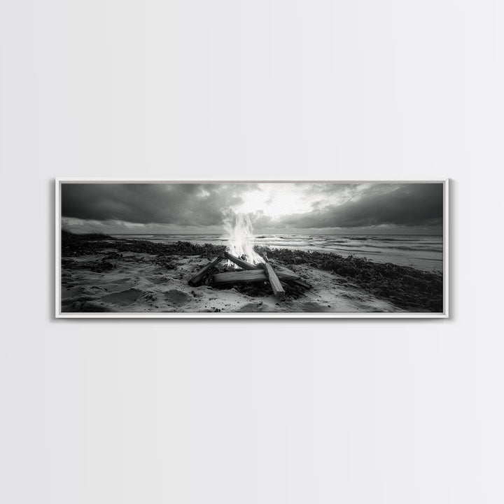 Driftwood Fire, Coastal Sky, Ocean Mood, Fall Campfire, Framed Canvas Print, rustic lake decor, bohemian fireplace art, nature wall accent