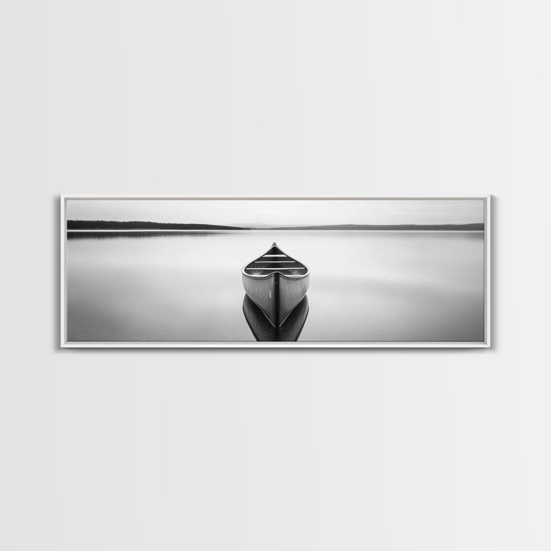 Still Canoe, Lake Mirror, Serene Water, Monochrome Boat, Framed Canvas Print, minimalist wall art, peaceful bedroom decor, boho lake style
