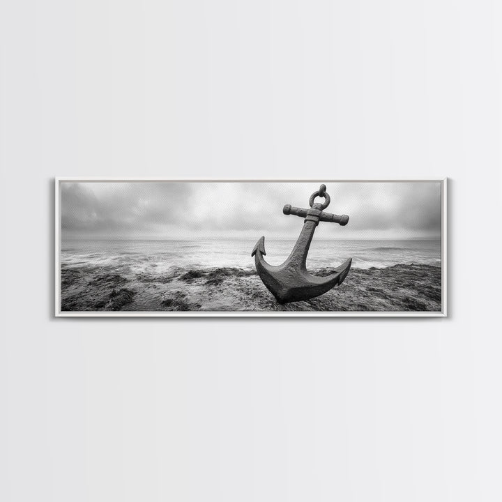 Anchor Shore, Ocean Symbol, Coastal Rust, Nautical Fog, Framed Canvas Print, Bathroom Decor, Marine Wall Art, Minimalist Nautical Style