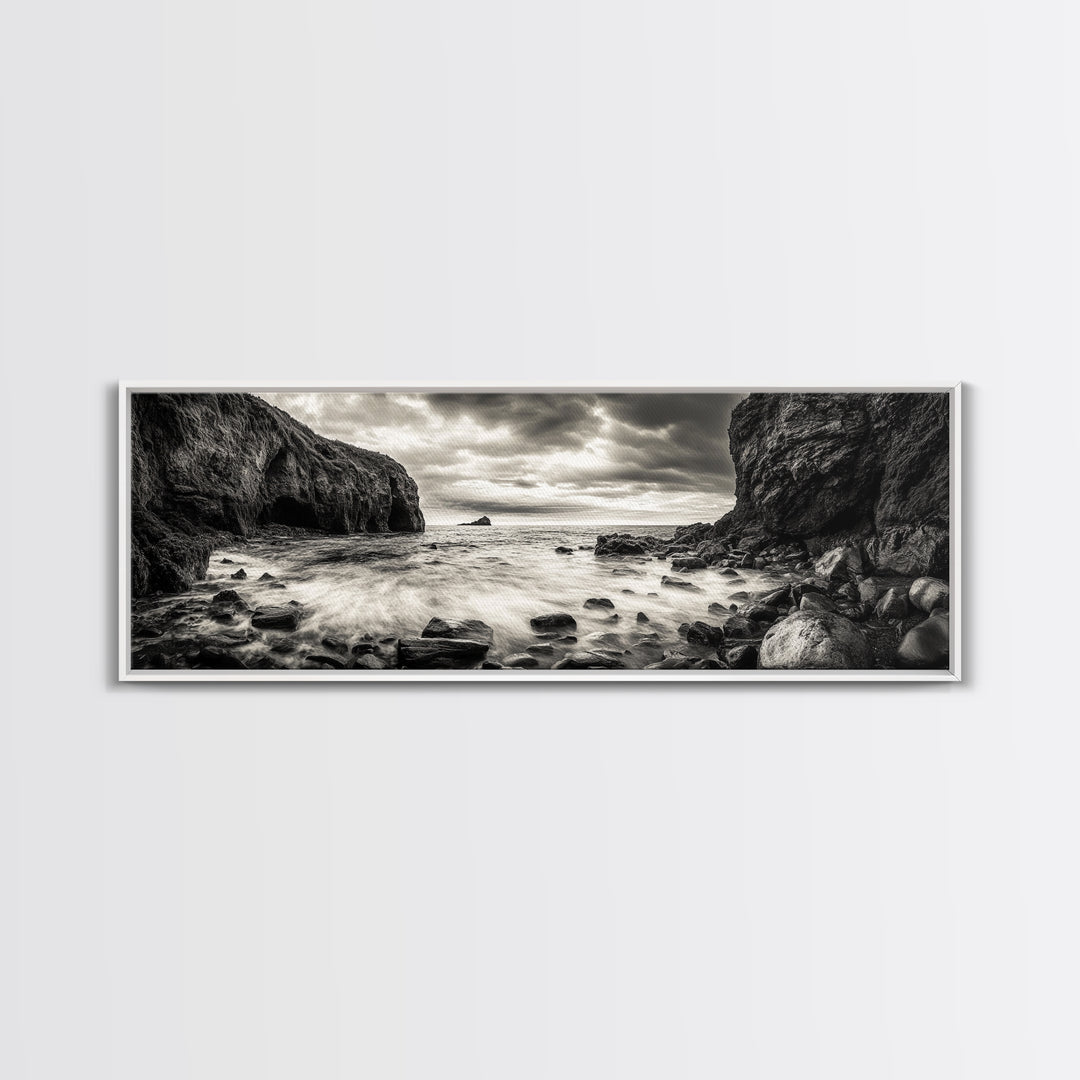 Rocky Shore Escape, Ocean Cliffside, Wild Coast, Moody Sky, Framed Canvas Print, Modern Bathroom Art, Nature Lover Decor