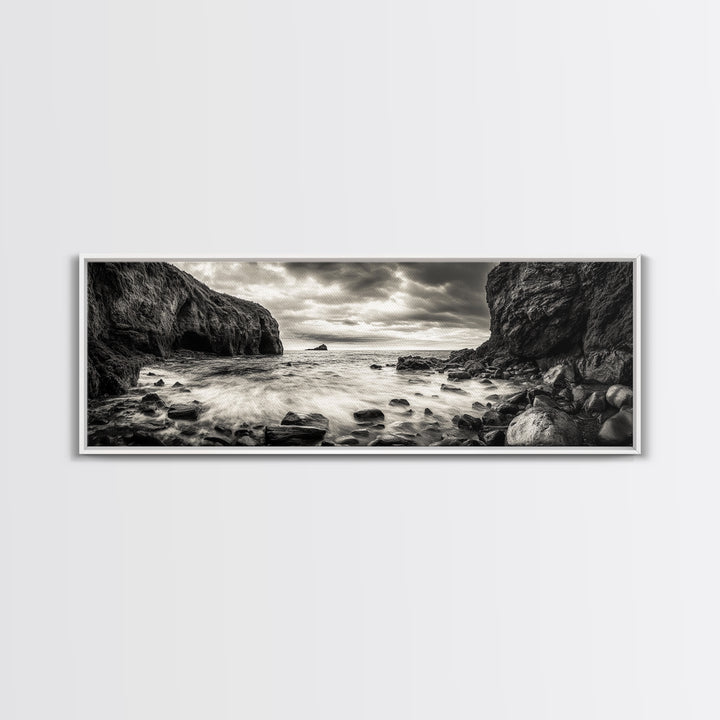 Rocky Shore Escape, Ocean Cliffside, Wild Coast, Moody Sky, Framed Canvas Print, Modern Bathroom Art, Nature Lover Decor