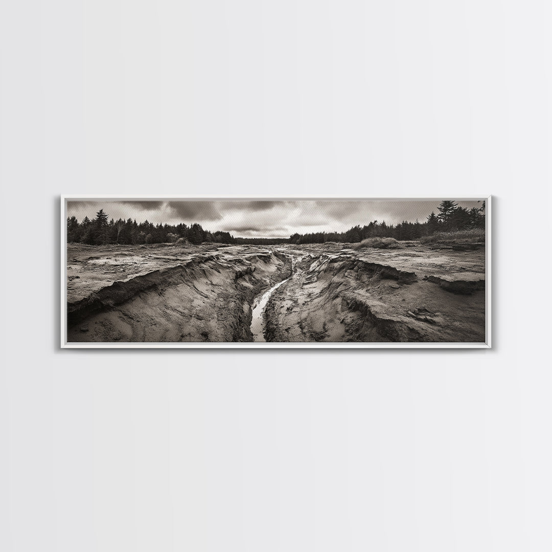 Rugged Riverbed Path, Forest Edge, Moody Terrain, Earthy Scene, Framed Canvas Print, Rustic Cabin Art, Autumn Entryway Decor