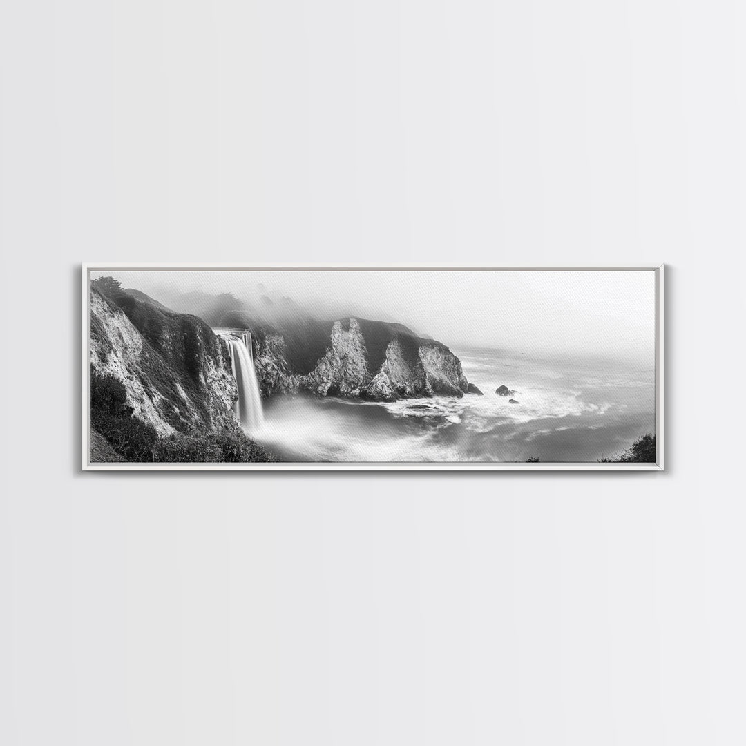 Cliffside Waterfall Coast, Misty Ocean Falls, Dramatic Drop, Nature Power, Framed Canvas Print, Scenic Landscape Wall Art, Spa Bathroom Decor