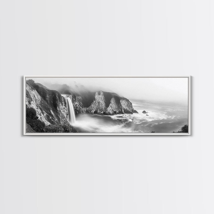 Cliffside Waterfall Coast, Misty Ocean Falls, Dramatic Drop, Nature Power, Framed Canvas Print, Scenic Landscape Wall Art, Spa Bathroom Decor
