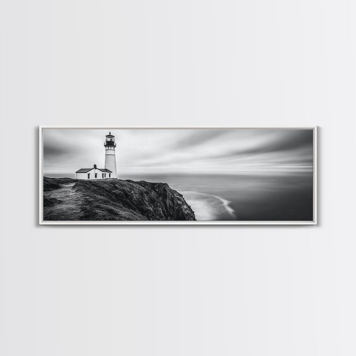 Lighthouse Serenity, Coastal Fog, Ocean Horizon, Canvas Print, Black and White Decor, Office Wall Art, Nautical Theme, Moody Photography