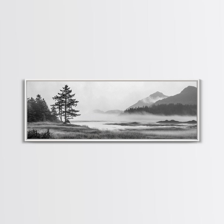 Foggy River Valley, Evergreen Mountains, Morning Mist Landscape, Framed Canvas Print, Tranquil Bedroom Art, Nature Inspired Decor