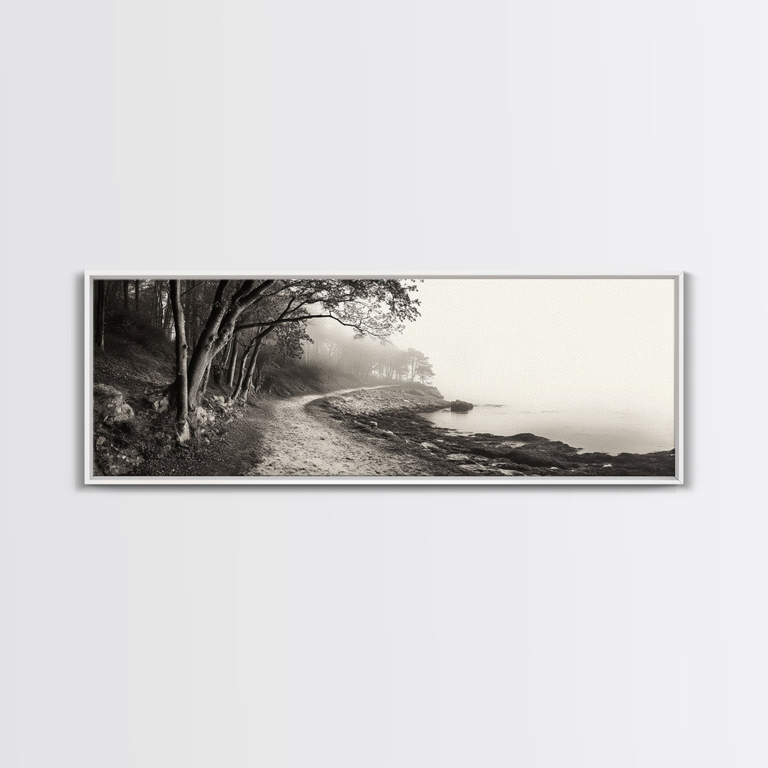 Forest Path, Misty Woods, Quiet Trail, Coastal Fog, Framed Canvas Print, Scandinavian Decor, Entryway Art, Minimal Nature Photography