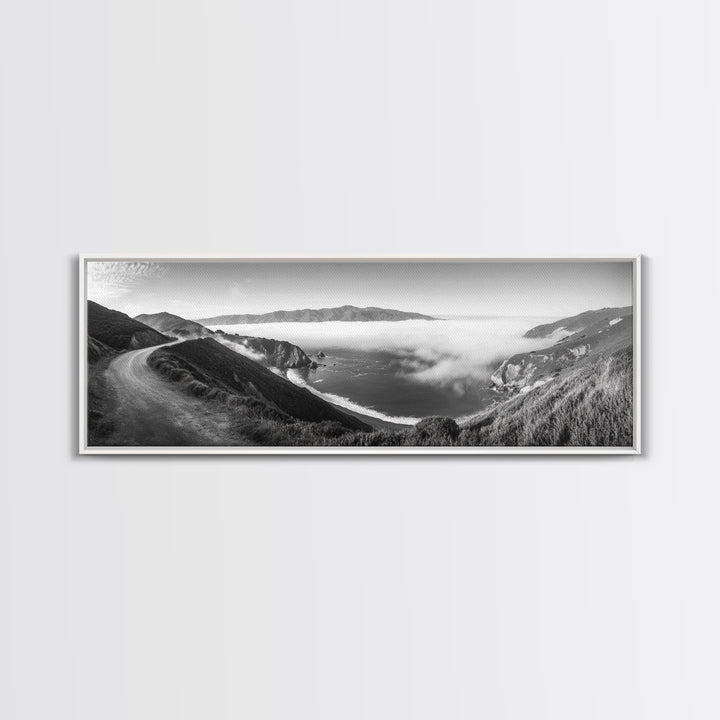 Mountain Road, Foggy Ocean View, Cliffside Drive, Framed Canvas Print, Scenic Wall Decor, Travel Photography, Modern Minimalist Art