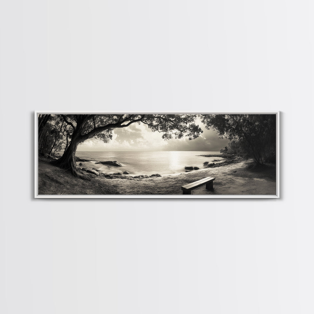 Serene Bench, Ocean View, Tropical Shoreline, Framed Canvas Print, Tranquil Beach Art, Entryway Decor, Nature Photography Wall Art