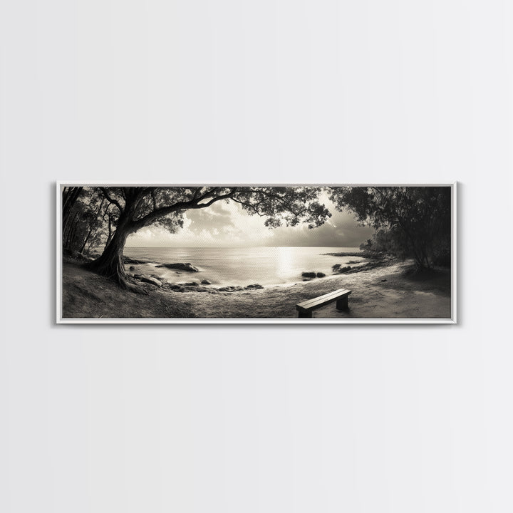 Serene Bench, Ocean View, Tropical Shoreline, Framed Canvas Print, Tranquil Beach Art, Entryway Decor, Nature Photography Wall Art