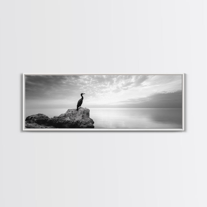 Solitary Bird, Ocean Rock, Minimalist Seascape, Canvas Print, Peaceful Wall Art, Zen Decor, Black and White Living Room Accent