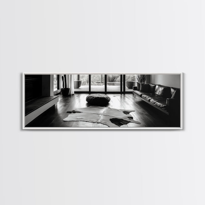 Modern Living, Minimalist Decor, Cowhide Rug, Framed Canvas Print, Neutral Aesthetic Wall Art, Luxury Living Room Design Accent