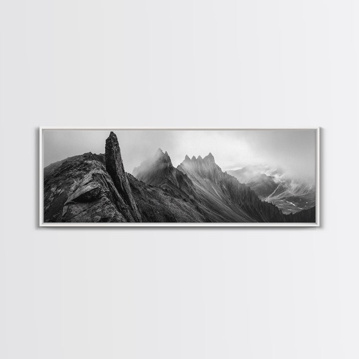 Jagged Peaks, Foggy Mountains, Dramatic Range, Canvas Print, Monochrome Wilderness Art, Office or Cabin Wall Decor, Adventure Style