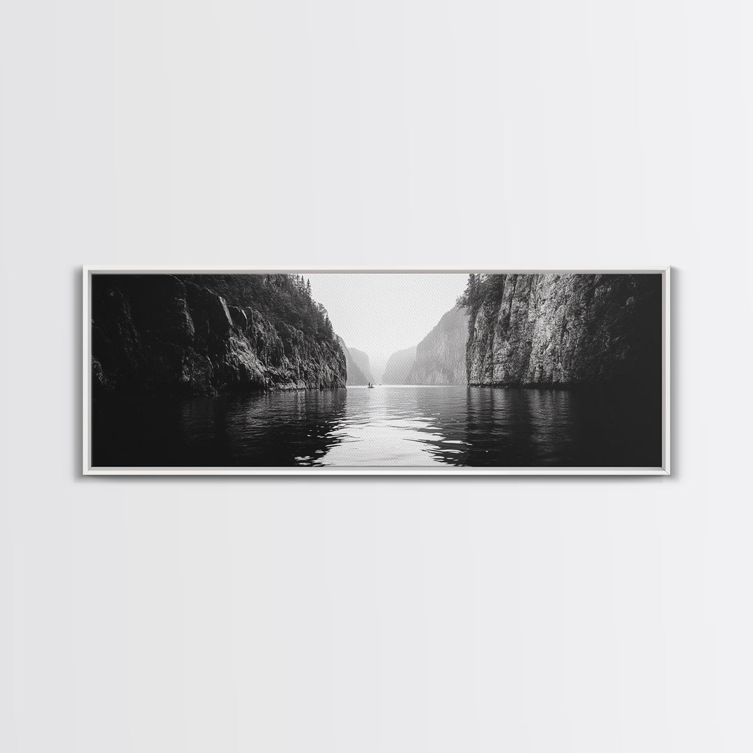 Misty Canyon, River Passage, Tranquil Adventure, Canvas Print, Nature Escape Wall Art, Zen Office Decor, Moody Black and White Style