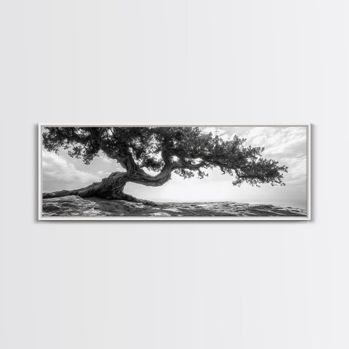 Bending Tree, Windswept Landscape, Coastal Nature, Monochrome Art, Framed Canvas Print, Zen Wall Art, Minimalist Living Room Decor