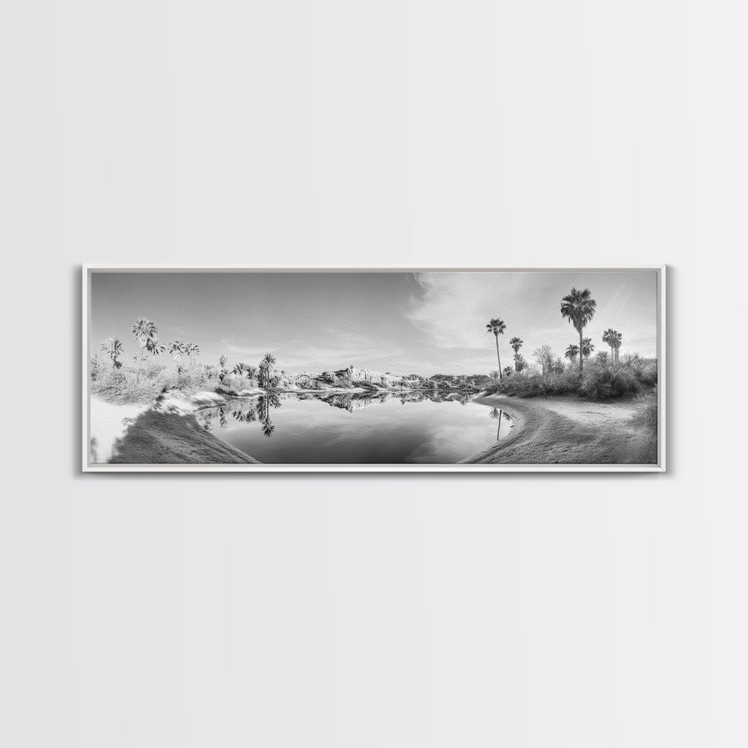 Oasis Reflections, Palm Trees, Desert Scene, Infrared Art Print, Framed Canvas Print, Tropical Wall Art, Boho Bedroom Decor, Tranquil Style