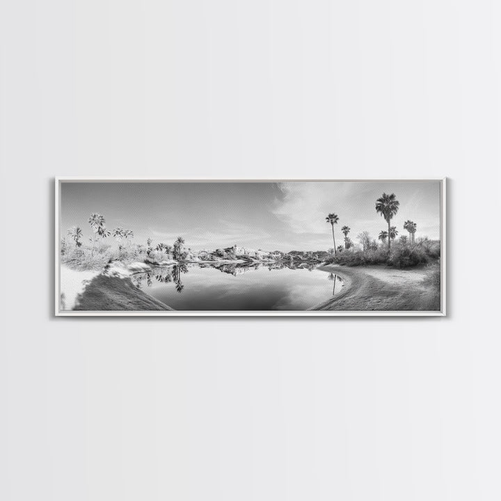 Oasis Reflections, Palm Trees, Desert Scene, Infrared Art Print, Framed Canvas Print, Tropical Wall Art, Boho Bedroom Decor, Tranquil Style