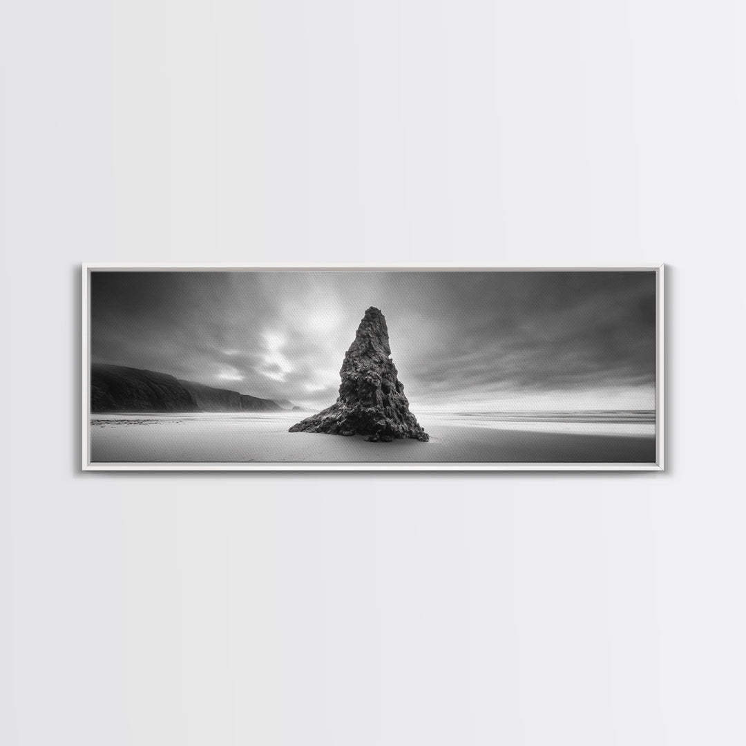 Coastal Monolith, Oregon Seascape, Moody Sky, Dramatic Beach, Framed Canvas Print, Coastal Wall Art, Modern Minimalist Decor