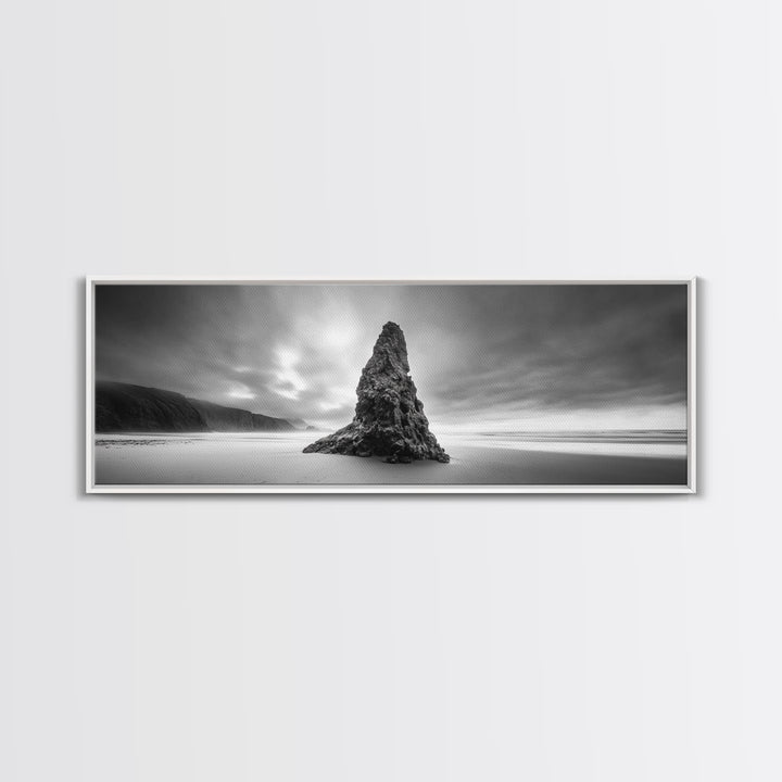 Coastal Monolith, Oregon Seascape, Moody Sky, Dramatic Beach, Framed Canvas Print, Coastal Wall Art, Modern Minimalist Decor