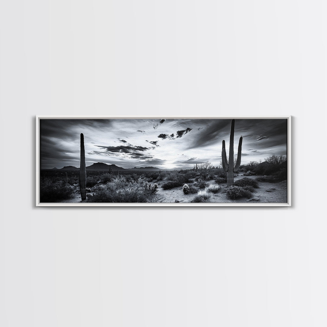 Desert Sunset, Cactus Silhouettes, Southwestern Landscape, Moody Sky Scene, Framed Canvas Print, Western Wall Art, Rustic Office Decor