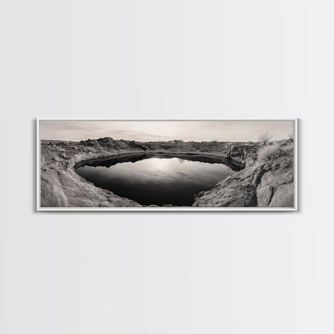 Desert Pool, Reflected Sky, Rugged Terrain, Monochrome Minimalism, Framed Canvas Print, Earthy Wall Art, Neutral Bedroom Decor