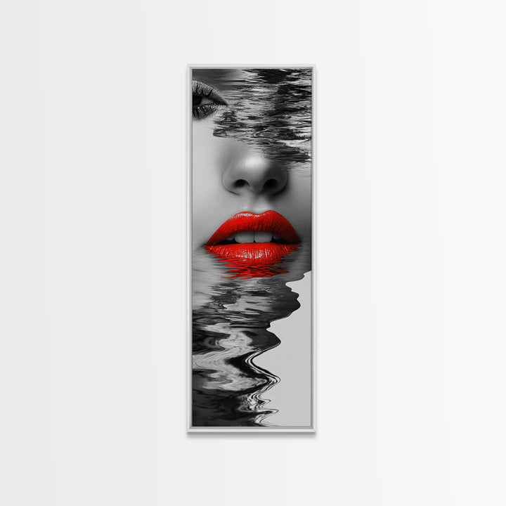 Red Lips, Reflections, Water Art, Surreal Beauty – Canvas Print, Glam Wall Art, Bathroom Decor, Black White Red Art, Fashion Aesthetic