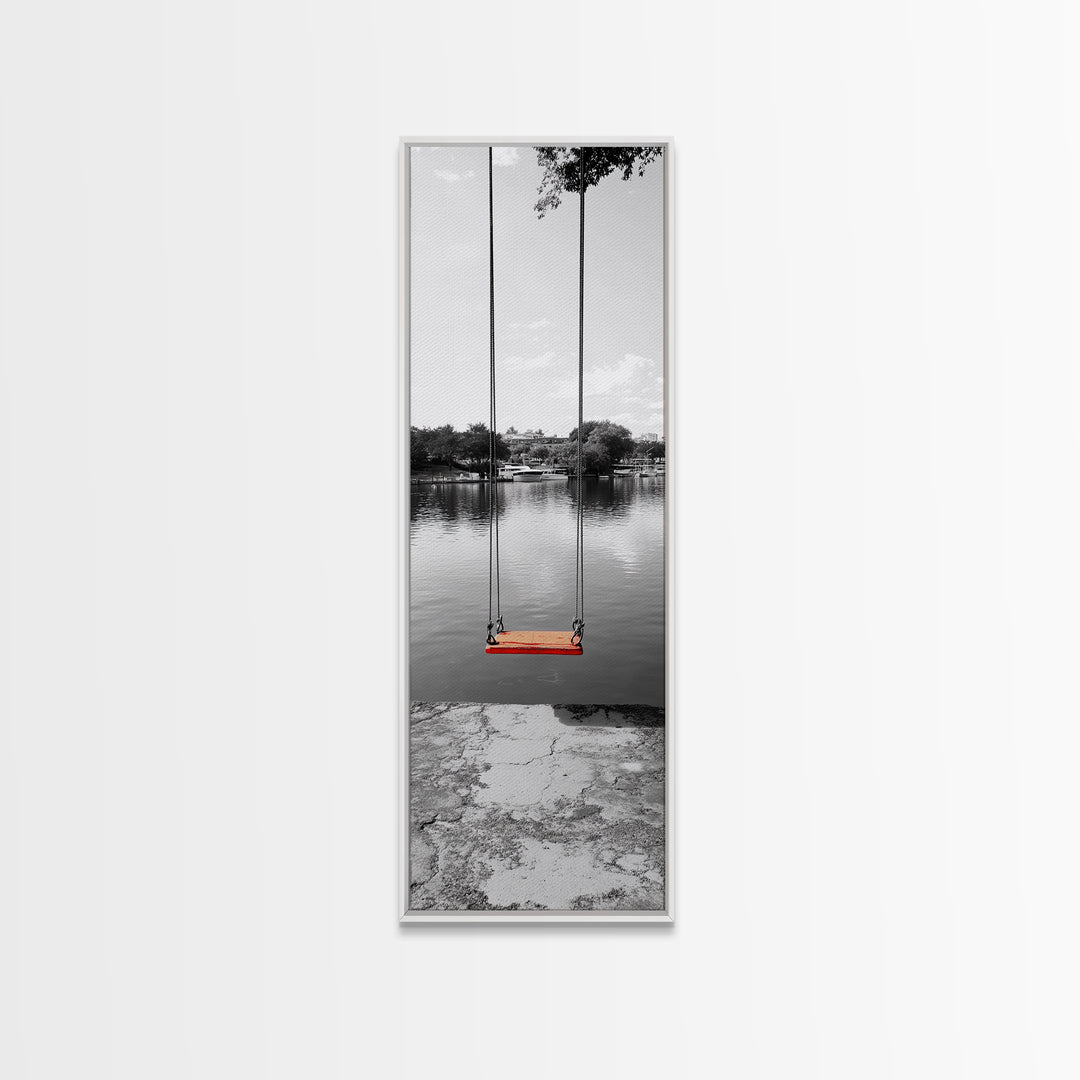 Swing Over Lake, Still Waters, Childhood Memories, Tranquil View – Canvas Print, Minimalist Wall Art, Kids Room Decor, Serene Black and White