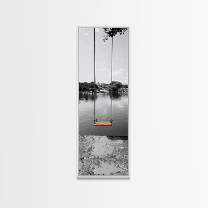 Swing Over Lake, Still Waters, Childhood Memories, Tranquil View – Canvas Print, Minimalist Wall Art, Kids Room Decor, Serene Black and White