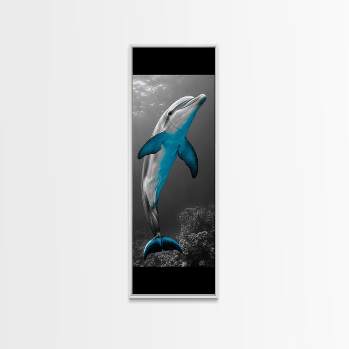 Blue Dolphin, Ocean Glow, Underwater Life, Sea Creature – Framed Canvas Print, Bathroom Wall Art, Coastal Decor, Marine Animal Art