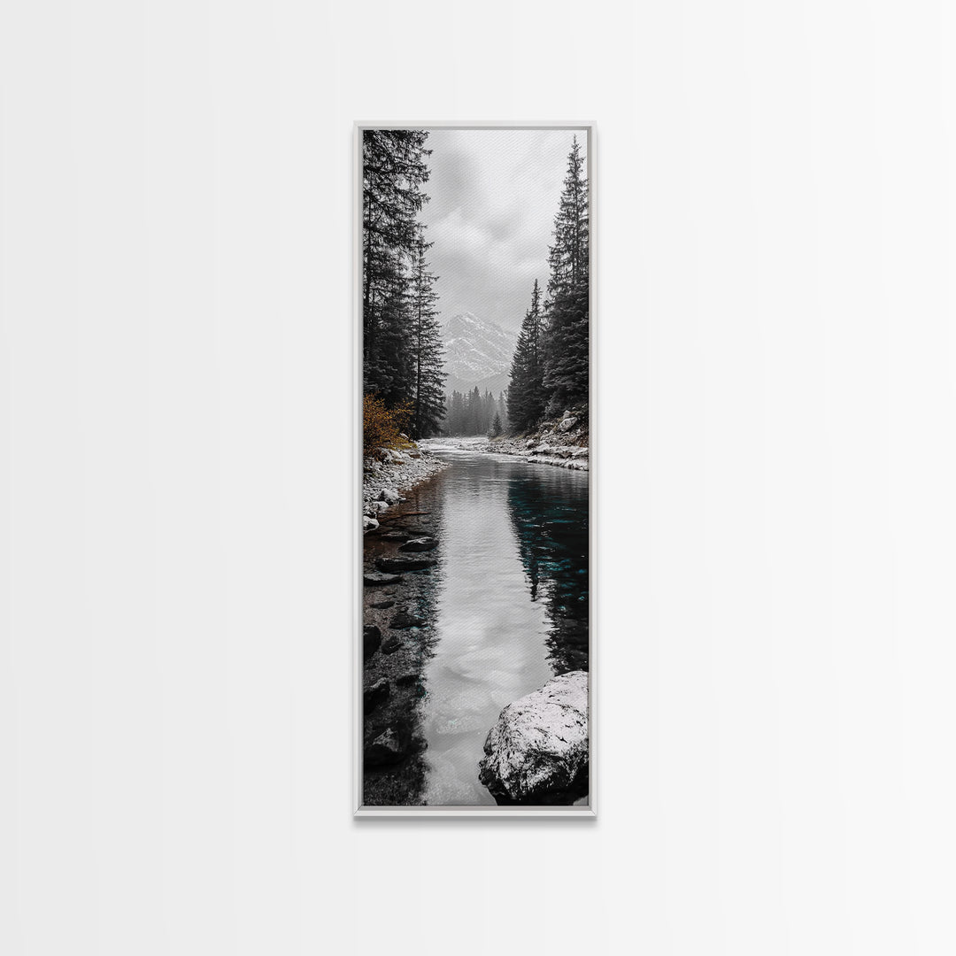 Mountain River, Forest Reflections, Nature Tranquility, Winter Pines, Canvas Print, Serene Landscape Wall Art, Bedroom Cabin Decor
