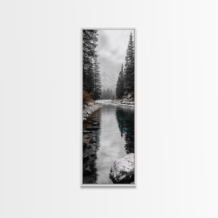 Mountain River, Forest Reflections, Nature Tranquility, Winter Pines, Canvas Print, Serene Landscape Wall Art, Bedroom Cabin Decor