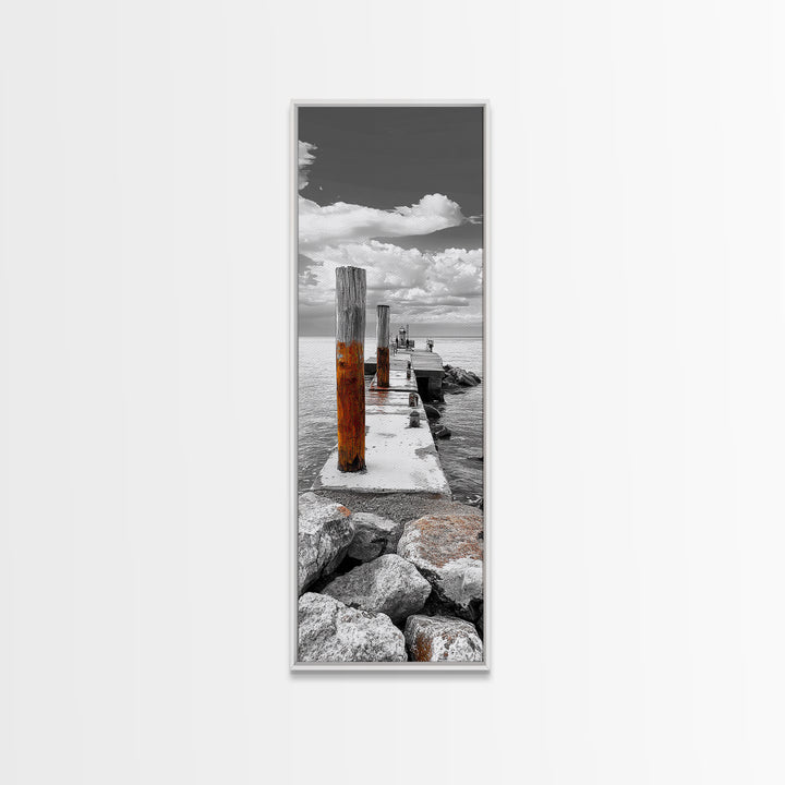 Ocean Dock Scene, Weathered Pier, Seaside Walkway, Framed Canvas Print, Nautical Art, Minimalist Ocean Photography, Coastal Wall Decor